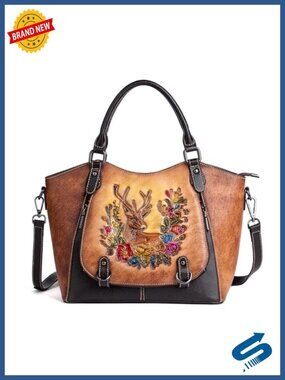 Vintage Genuine Cowhide Leather Satchel Handbag – Hand-Embossed Floral Deer Top